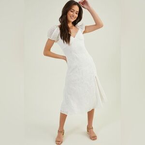 Altar'd State Charlotte White Embroidered Puff-Sleeve V-Neck Midi Dress